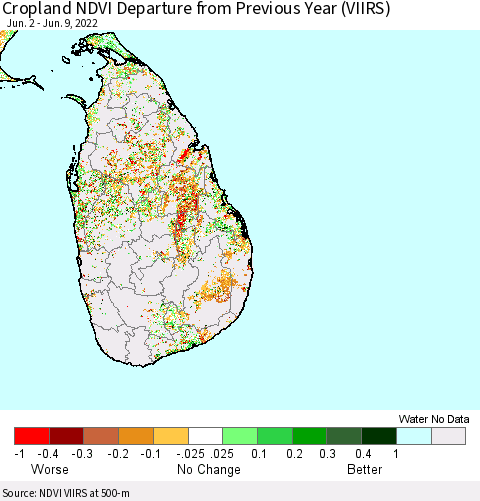 Sri Lanka Cropland NDVI Departure from Previous Year (VIIRS) Thematic Map For 6/2/2022 - 6/9/2022
