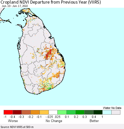 Sri Lanka Cropland NDVI Departure from Previous Year (VIIRS) Thematic Map For 6/10/2022 - 6/17/2022