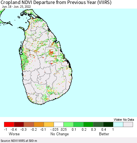 Sri Lanka Cropland NDVI Departure from Previous Year (VIIRS) Thematic Map For 6/18/2022 - 6/25/2022