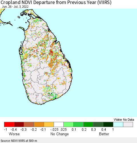 Sri Lanka Cropland NDVI Departure from Previous Year (VIIRS) Thematic Map For 6/26/2022 - 7/3/2022