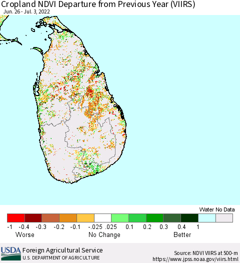 Sri Lanka Cropland NDVI Departure from Previous Year (VIIRS) Thematic Map For 7/1/2022 - 7/10/2022