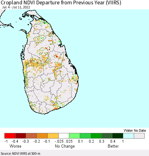 Sri Lanka Cropland NDVI Departure from Previous Year (VIIRS) Thematic Map For 7/4/2022 - 7/11/2022