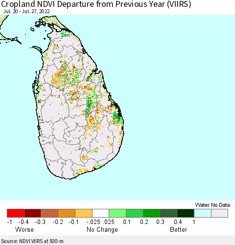 Sri Lanka Cropland NDVI Departure from Previous Year (VIIRS) Thematic Map For 7/20/2022 - 7/27/2022