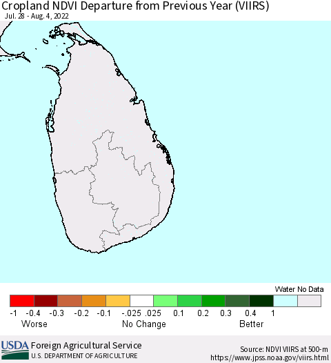 Sri Lanka Cropland NDVI Departure from Previous Year (VIIRS) Thematic Map For 8/1/2022 - 8/10/2022