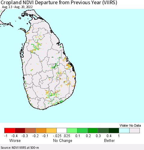 Sri Lanka Cropland NDVI Departure from Previous Year (VIIRS) Thematic Map For 8/11/2022 - 8/20/2022