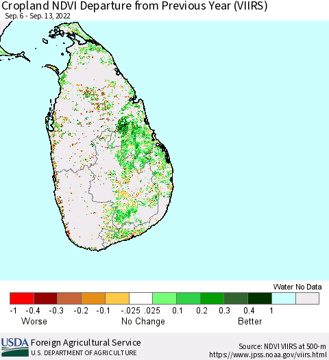 Sri Lanka Cropland NDVI Departure from Previous Year (VIIRS) Thematic Map For 9/11/2022 - 9/20/2022
