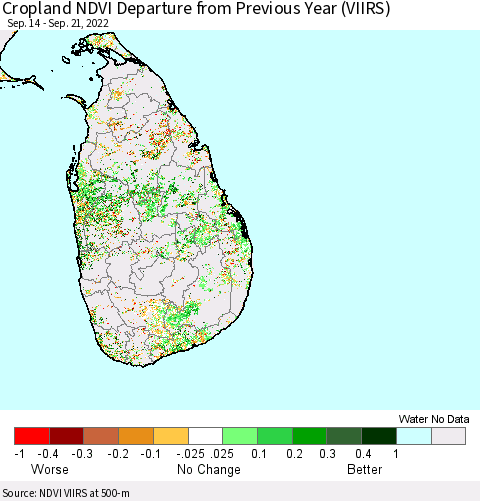 Sri Lanka Cropland NDVI Departure from Previous Year (VIIRS) Thematic Map For 9/14/2022 - 9/21/2022