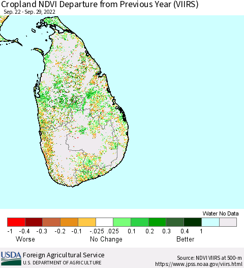 Sri Lanka Cropland NDVI Departure from Previous Year (VIIRS) Thematic Map For 9/21/2022 - 9/30/2022