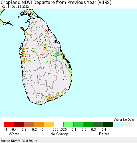 Sri Lanka Cropland NDVI Departure from Previous Year (VIIRS) Thematic Map For 10/8/2022 - 10/15/2022