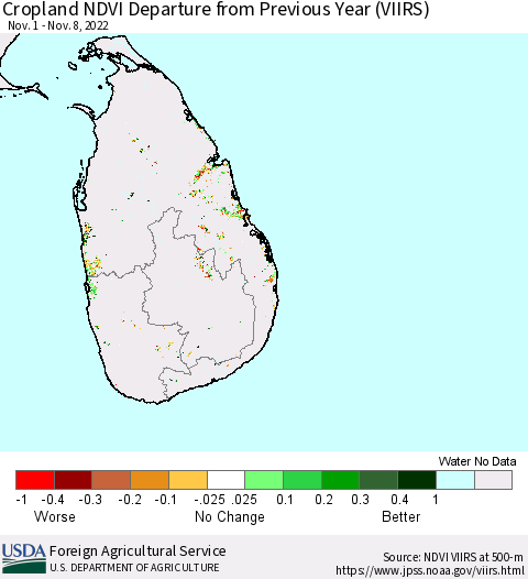 Sri Lanka Cropland NDVI Departure from Previous Year (VIIRS) Thematic Map For 11/1/2022 - 11/10/2022