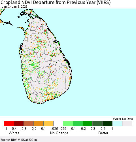 Sri Lanka Cropland NDVI Departure from Previous Year (VIIRS) Thematic Map For 1/1/2023 - 1/8/2023
