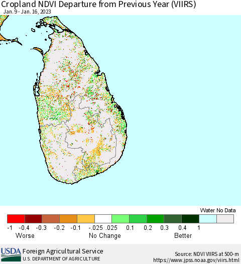 Sri Lanka Cropland NDVI Departure from Previous Year (VIIRS) Thematic Map For 1/11/2023 - 1/20/2023