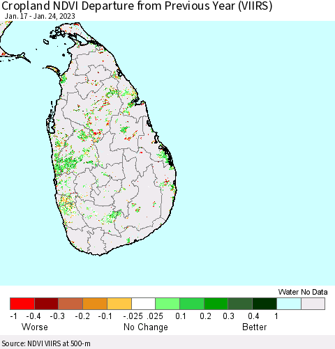 Sri Lanka Cropland NDVI Departure from Previous Year (VIIRS) Thematic Map For 1/17/2023 - 1/24/2023