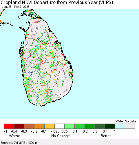 Sri Lanka Cropland NDVI Departure from Previous Year (VIIRS) Thematic Map For 1/25/2023 - 2/1/2023