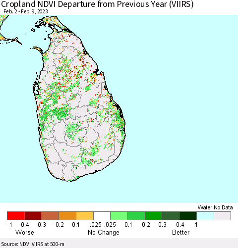 Sri Lanka Cropland NDVI Departure from Previous Year (VIIRS) Thematic Map For 2/2/2023 - 2/9/2023