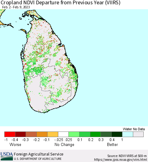 Sri Lanka Cropland NDVI Departure from Previous Year (VIIRS) Thematic Map For 2/1/2023 - 2/10/2023