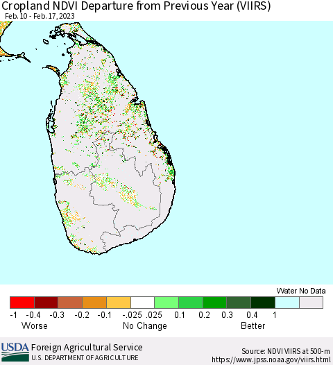 Sri Lanka Cropland NDVI Departure from Previous Year (VIIRS) Thematic Map For 2/11/2023 - 2/20/2023