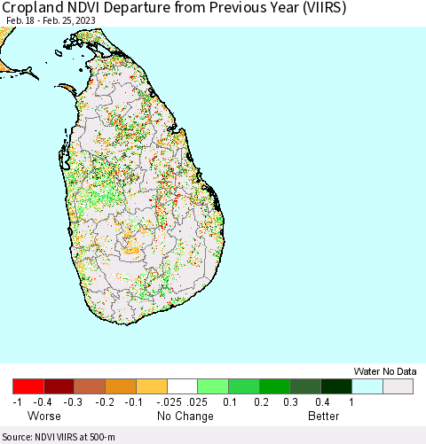 Sri Lanka Cropland NDVI Departure from Previous Year (VIIRS) Thematic Map For 2/18/2023 - 2/25/2023