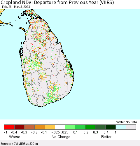 Sri Lanka Cropland NDVI Departure from Previous Year (VIIRS) Thematic Map For 2/26/2023 - 3/5/2023