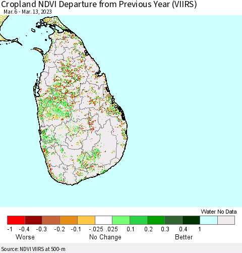 Sri Lanka Cropland NDVI Departure from Previous Year (VIIRS) Thematic Map For 3/6/2023 - 3/13/2023