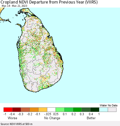 Sri Lanka Cropland NDVI Departure from Previous Year (VIIRS) Thematic Map For 3/14/2023 - 3/21/2023