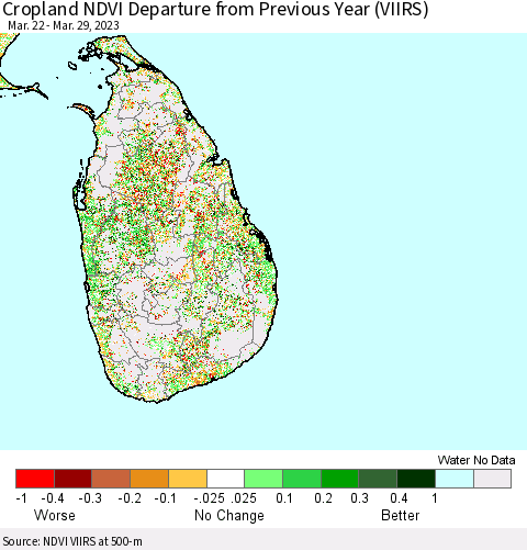 Sri Lanka Cropland NDVI Departure from Previous Year (VIIRS) Thematic Map For 3/22/2023 - 3/29/2023