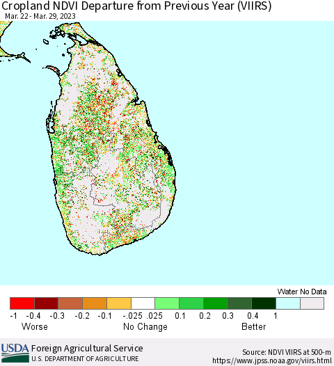 Sri Lanka Cropland NDVI Departure from Previous Year (VIIRS) Thematic Map For 3/21/2023 - 3/31/2023