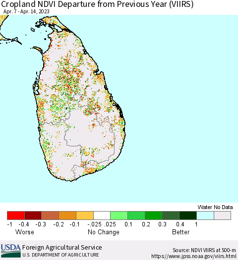 Sri Lanka Cropland NDVI Departure from Previous Year (VIIRS) Thematic Map For 4/11/2023 - 4/20/2023