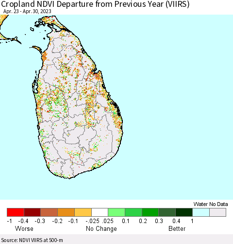 Sri Lanka Cropland NDVI Departure from Previous Year (VIIRS) Thematic Map For 4/23/2023 - 4/30/2023