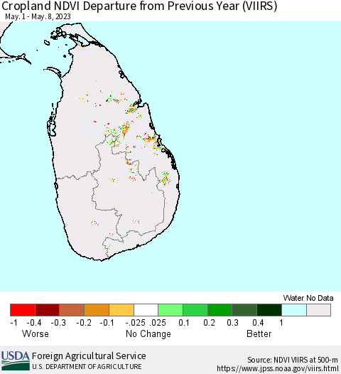 Sri Lanka Cropland NDVI Departure from Previous Year (VIIRS) Thematic Map For 5/1/2023 - 5/10/2023