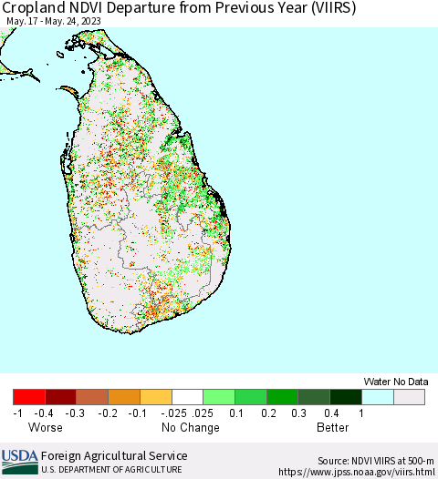 Sri Lanka Cropland NDVI Departure from Previous Year (VIIRS) Thematic Map For 5/21/2023 - 5/31/2023