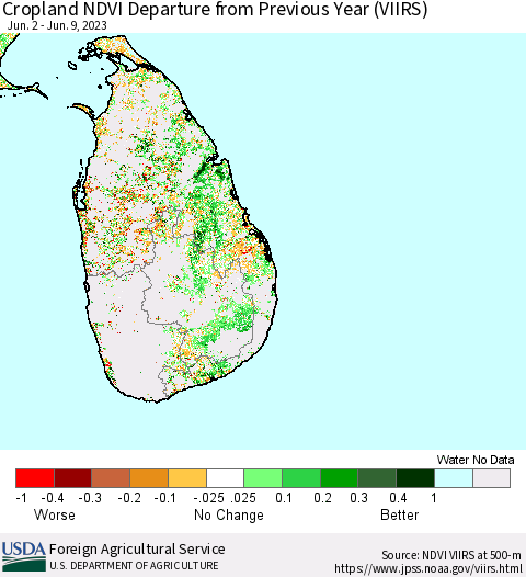 Sri Lanka Cropland NDVI Departure from Previous Year (VIIRS) Thematic Map For 6/1/2023 - 6/10/2023