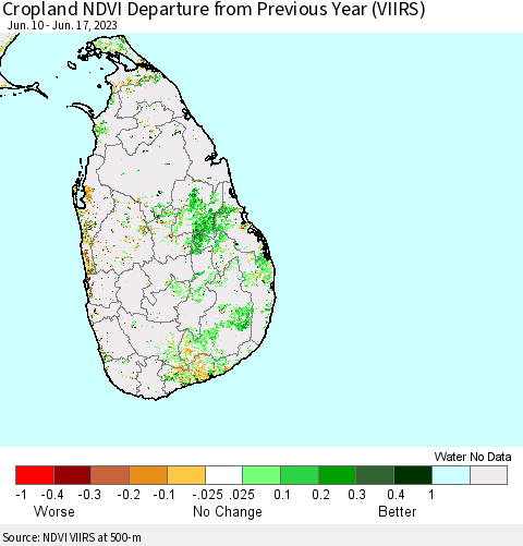 Sri Lanka Cropland NDVI Departure from Previous Year (VIIRS) Thematic Map For 6/10/2023 - 6/17/2023