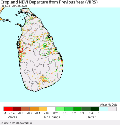Sri Lanka Cropland NDVI Departure from Previous Year (VIIRS) Thematic Map For 6/18/2023 - 6/25/2023
