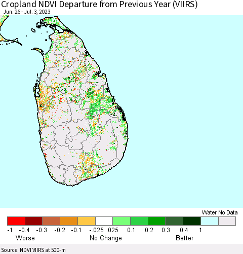 Sri Lanka Cropland NDVI Departure from Previous Year (VIIRS) Thematic Map For 6/26/2023 - 7/3/2023