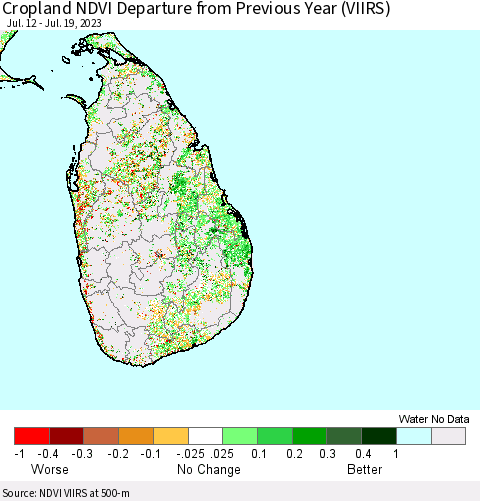 Sri Lanka Cropland NDVI Departure from Previous Year (VIIRS) Thematic Map For 7/12/2023 - 7/19/2023