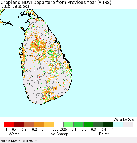 Sri Lanka Cropland NDVI Departure from Previous Year (VIIRS) Thematic Map For 7/20/2023 - 7/27/2023