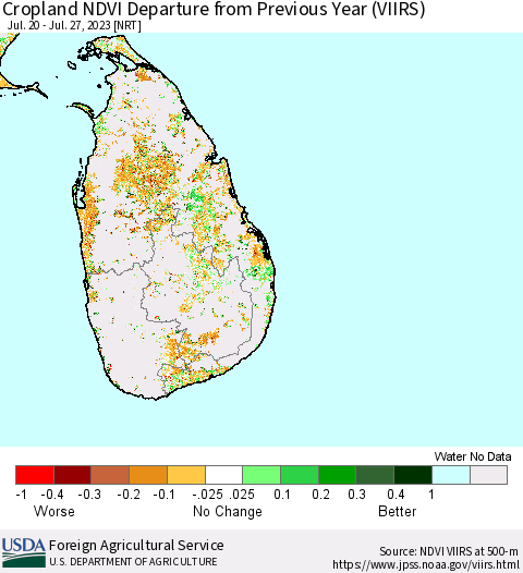 Sri Lanka Cropland NDVI Departure from Previous Year (VIIRS) Thematic Map For 7/21/2023 - 7/31/2023