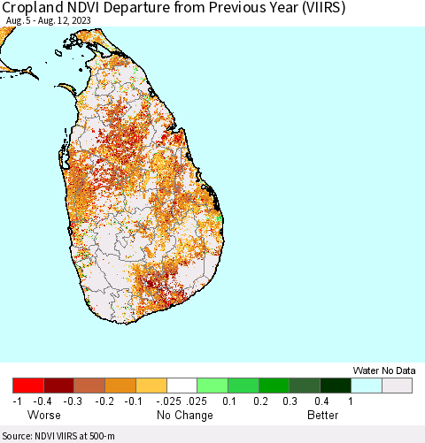 Sri Lanka Cropland NDVI Departure from Previous Year (VIIRS) Thematic Map For 8/5/2023 - 8/12/2023