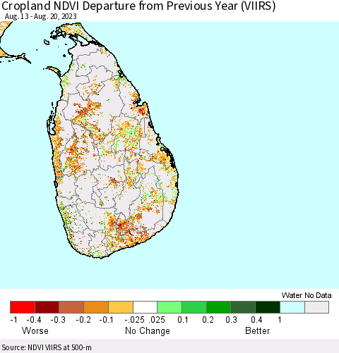 Sri Lanka Cropland NDVI Departure from Previous Year (VIIRS) Thematic Map For 8/11/2023 - 8/20/2023