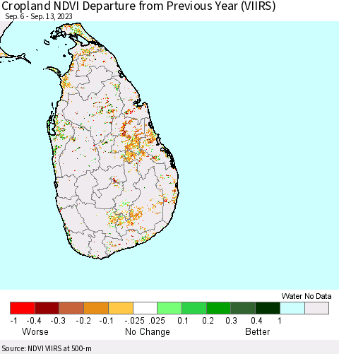 Sri Lanka Cropland NDVI Departure from Previous Year (VIIRS) Thematic Map For 9/6/2023 - 9/13/2023