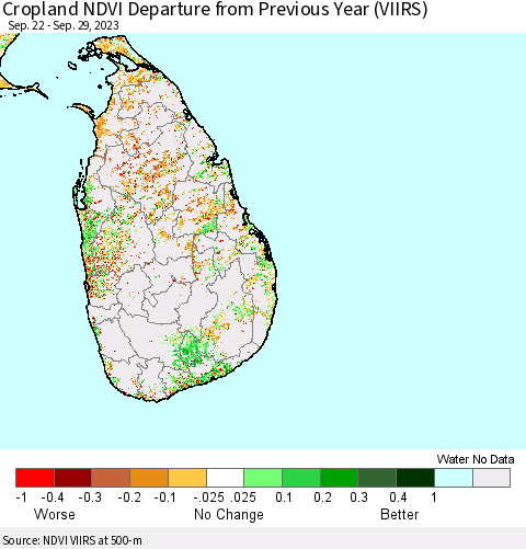 Sri Lanka Cropland NDVI Departure from Previous Year (VIIRS) Thematic Map For 9/22/2023 - 9/29/2023