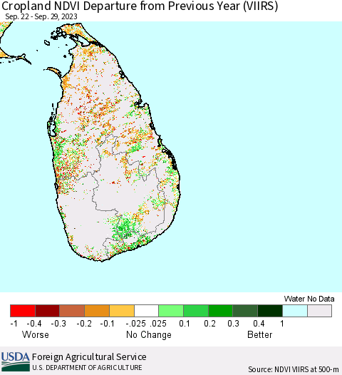 Sri Lanka Cropland NDVI Departure from Previous Year (VIIRS) Thematic Map For 9/21/2023 - 9/30/2023