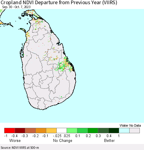 Sri Lanka Cropland NDVI Departure from Previous Year (VIIRS) Thematic Map For 9/30/2023 - 10/7/2023