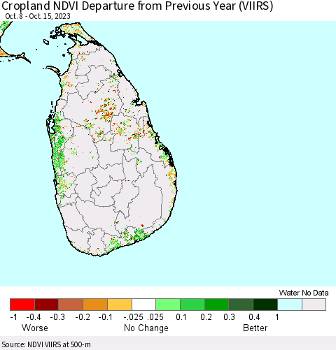 Sri Lanka Cropland NDVI Departure from Previous Year (VIIRS) Thematic Map For 10/8/2023 - 10/15/2023