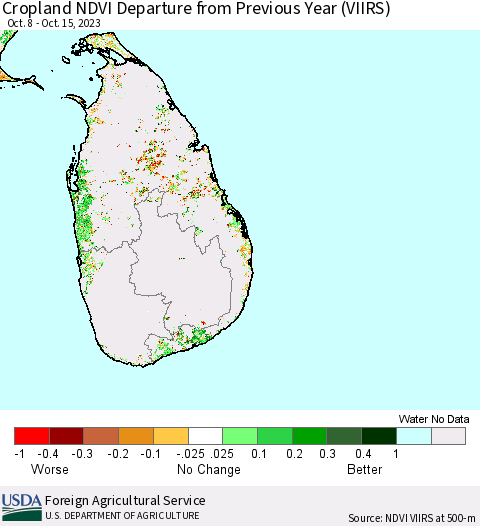 Sri Lanka Cropland NDVI Departure from Previous Year (VIIRS) Thematic Map For 10/11/2023 - 10/20/2023
