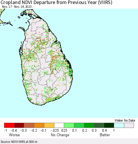 Sri Lanka Cropland NDVI Departure from Previous Year (VIIRS) Thematic Map For 11/17/2023 - 11/24/2023