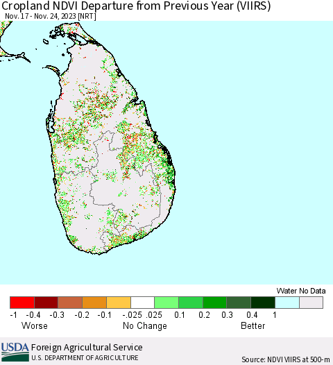 Sri Lanka Cropland NDVI Departure from Previous Year (VIIRS) Thematic Map For 11/21/2023 - 11/30/2023