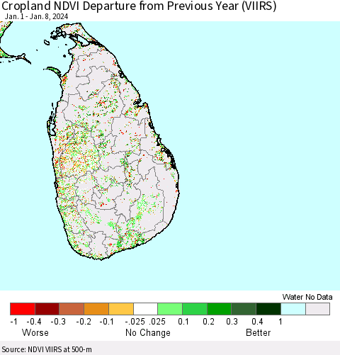 Sri Lanka Cropland NDVI Departure from Previous Year (VIIRS) Thematic Map For 1/1/2024 - 1/8/2024