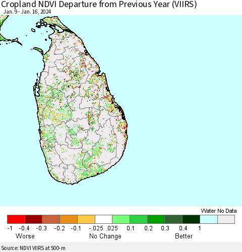 Sri Lanka Cropland NDVI Departure from Previous Year (VIIRS) Thematic Map For 1/9/2024 - 1/16/2024